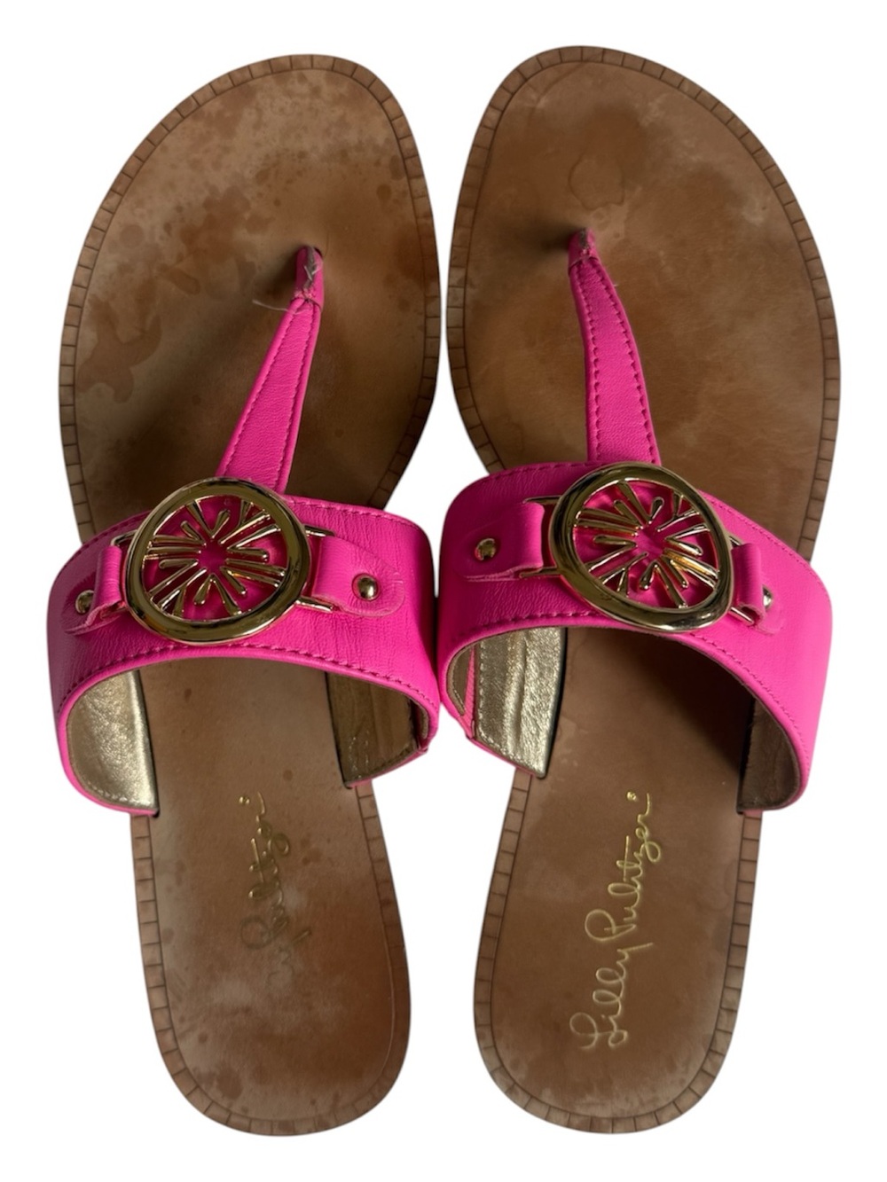 Lilly Pulitzer Pink Leather Thong Sandals Gold Medallion T-Strap Flat Shoes 8M